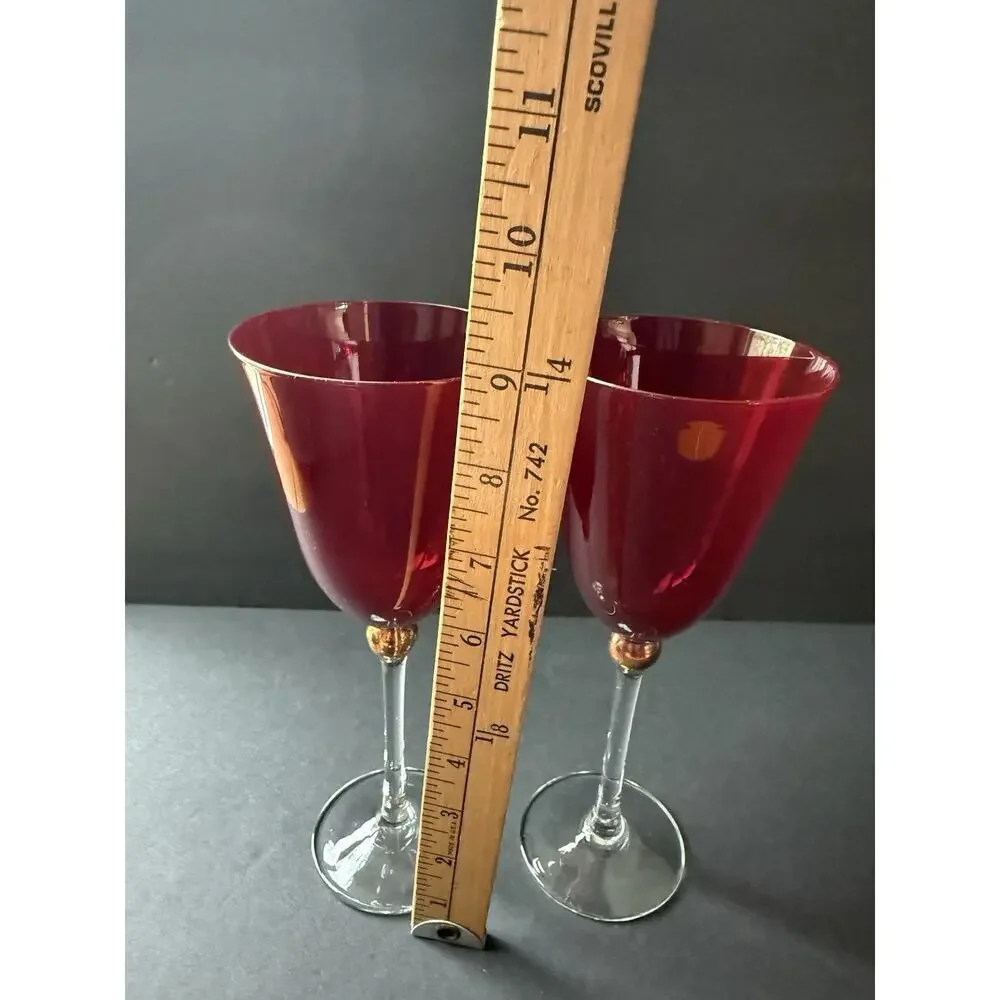 Gorham Touch Of Gold Glass Goblets Berry Red Clear Stem Set (2) Modernist MCM 9”